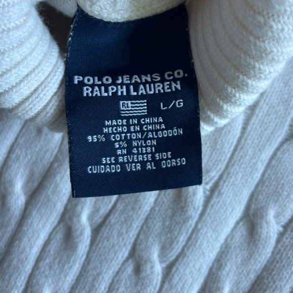 Ralph Lauren Polo Jeans Cable Knit White Turtleneck Cotton Sweater Size Large - Picture 5 of 8
